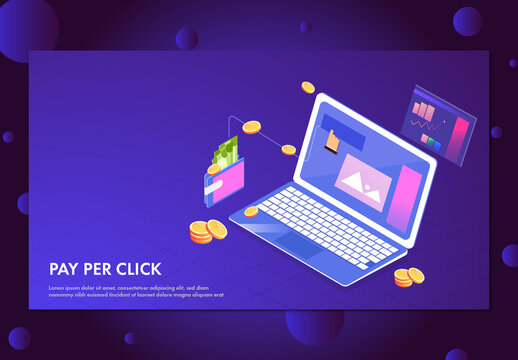 Pay Per Click or Online Payment Based Landing Page Design With Isometric Laptop And Money Wallet.