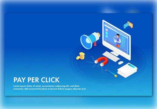 Pay per Click Concept Based Landing Page With Video Player in Desktop, Loudspeaker And Magnet On Blue Background.