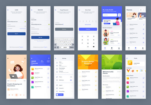 Mobile E-Learning App UI Kit With Different GUI Layout Including Log In, Create Account, UIUX Courses Information, Setting And Profile.