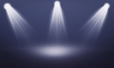 spotlight on stage realistic studio lights empty background dark wall smoke effect with round podium,