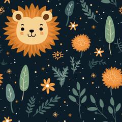 head lions and plants pattern