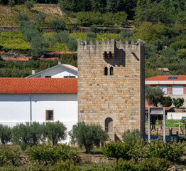 Medieval tower (14th century) of the convent of Santo António de Ferreirim (16th century). Vale do Varosa, Portugal. - obrazy, fototapety, plakaty