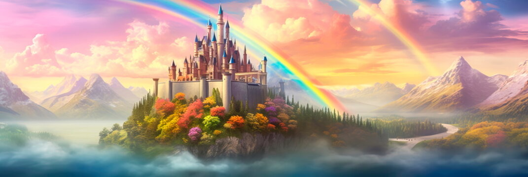 fantasy castle atop a misty mountain, with colorful banners and a sense of enchantment, evoking a fairy tale ambiance.
