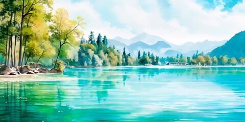 landscape with soft, pastel hues depicting a tranquil lake surrounded by lush, green trees and a clear blue sky, evoking a sense of peace and serenity.
