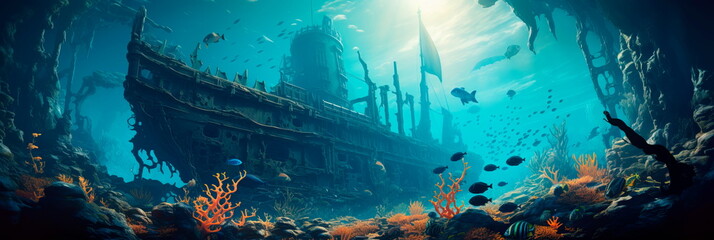 Investigation of an underwater shipwreck. A stunning view of a sunken ship surrounded by schools of tropical fish. - obrazy, fototapety, plakaty