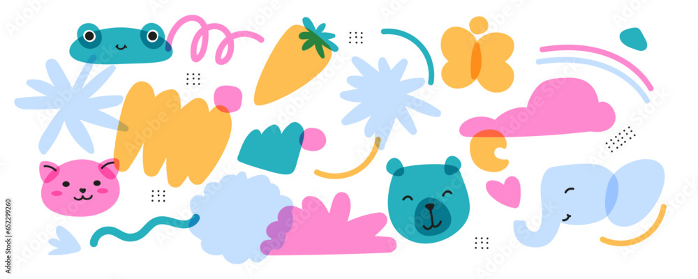 Poster a set of trendy childrens items with animals. and natural objects. bright colors with an overlay. dr