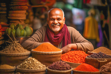 A bustling Indian bazaar where a vendor showcases an array of colorful spices, reflecting the rich cultural tradition of spice trade in India.