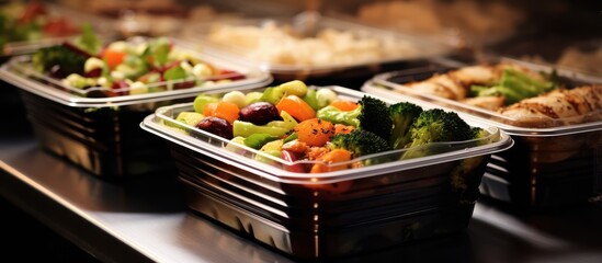 To go plastic containers hold many prepared entrees ready for takeout in a restaurant