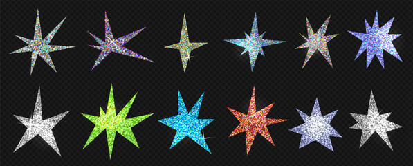 A set of trendy irregular glitter stars. Simple hand drawn shapes with textures. Vector illustration elements.