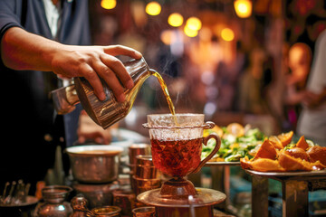 A traditional Moroccan tea served in an ornate teapot and cup, often sweetened with sugar, offering a refreshing and aromatic beverage. - obrazy, fototapety, plakaty