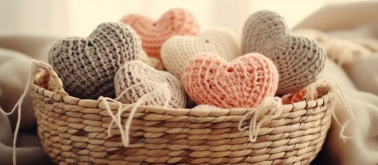 Obraz premium Warm inviting vibe Women s crochet Neutral yarn in jute basket Knitting hooks shaped like hearts