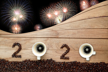 Coffee beans and hot fresh coffee in a white cup with foam and text number design 2024 for Happy...