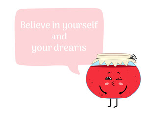 Kawaii jar of jam with a big speech bubble. Cartoon character red jam with a place for text. Illustration on transparent background