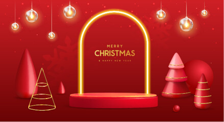 Holiday Christmas showcase background with 3d podium, neon arch and plastic Christmas trees. Vector illustration