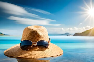 hat and sunglasses on the beach - obrazy, fototapety, plakaty