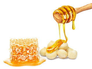 dripping honey, honeycomb and macadamia nuts isolated on white background