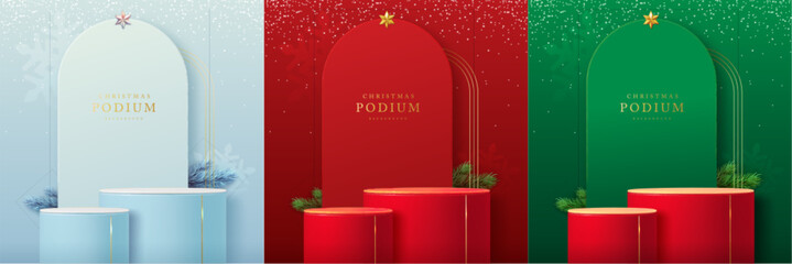 Set of holiday Christmas showcase  backgrounds with 3d podiums, arch and christmas star. Abstract minimal scene. Vector illustration - obrazy, fototapety, plakaty