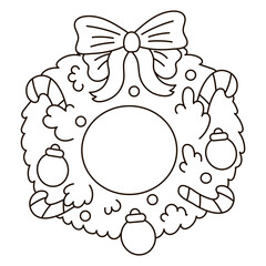 Christmas door wreath with bow and candy canes, christmas ornaments coloring page for kids, holiday themed black and white new year decoration element for postcard design