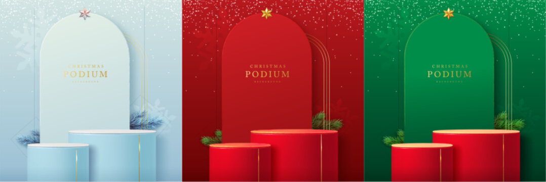 Set of holiday Christmas showcase  backgrounds with 3d podiums, arch and christmas star. Abstract minimal scene. Vector illustration