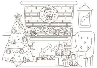 Christmas indoor interior of living room with christmas tree, fireplace and holiday wreath coloring page for kids and adults, new year themed outline art for postcard design