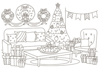 Christmas indoor interior of living room with christmas tree, table and holiday wreath coloring page for kids and adults, new year themed outline art for print and web