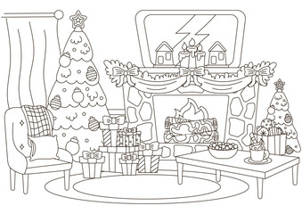 Christmas indoor interior of living room with christmas tree, table and fireplace, holiday themed coloring page for kids and adults, new year themed outline art for print and web