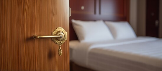 Unlocked hotel room door with key - Powered by Adobe