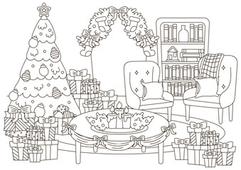 Christmas indoor interior of living room with christmas tree and library, winter house theme coloring page for kids and adults, activity for print, cozy outline background