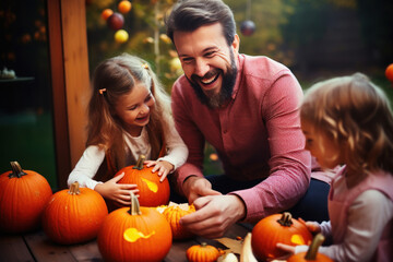 Happy father helping kids boy and girl to carve Halloween pumpkin at home