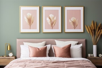 Two golden frames on green wall, bed with pillows and blanket, nightstand with plants and decor objects, bedroom decor. Generative AI