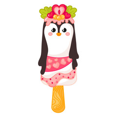 Tasty kawaii penguin shaped ice cream on stick with strawberry cartoon for summer themed greeting card or designs, frozen dessert object, sweet gelato for kids