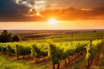 Fototapeta na wymiar a sunset view of a vineyard. Generative AI