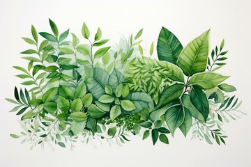 Lush flora. Green watercolor botanicals encircle leaves. Generative AI