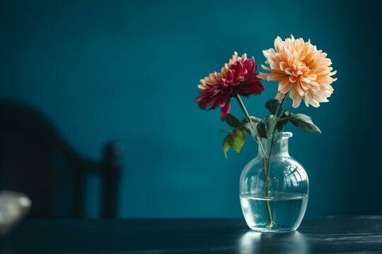 A flower in a vase on a table with a blue background. Generative AI