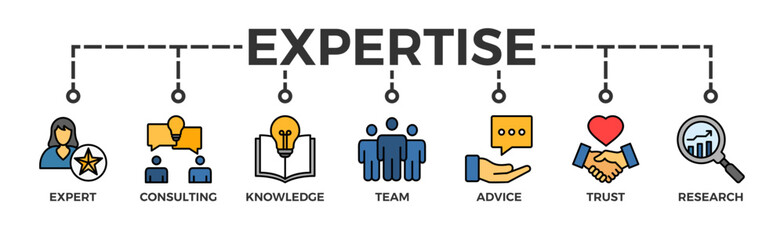 Expertise banner web icon vector illustration concept representing high-level knowledge and experience with an icon of expert, consulting, knowledge, team, advice, trust, and research