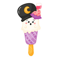Tasty kawaii ghost shaped ice cream on stick with cauldron on head and cream with bat cartoon for halloween themed greeting card or designs, frozen dessert object, sweet gelato for kids