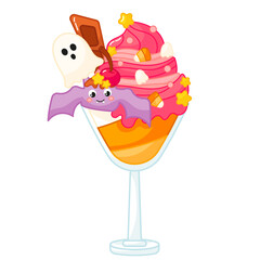 Tasty kawaii ice cream in glass with ghost and bat with cream cartoon for halloween themed greeting card or designs, frozen dessert object, sweet gelato for kids