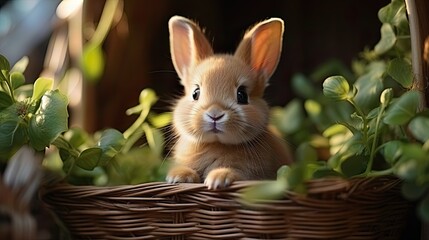 Little rabbit in wooden basket at living room.