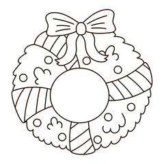 Christmas door wreath with bow coloring page for kids, holiday themed black and white new year decoration element for postcard design