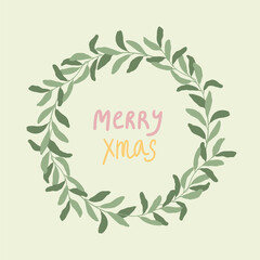 Vector winter Merry Christmas quote, mistletoe wreath illustration. Hand painted lettering and branch. Cozy cute flat premade poster composition