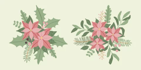 Tuinposter Vector winter Christmas red flower, leaves and berries illustration. Hand painted poinsettia. Cozy cute flat premade poster composition © Salnikova Watercolor