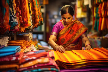 Obraz premium Indian female shopkeeper showing traditional saree or clothes at his store.