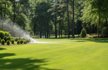 Fototapeta premium automatic watering of green lawn on a hot day