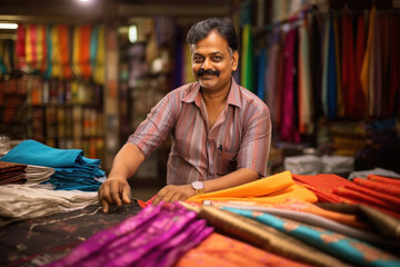 Indian shopkeeper showing traditional saree or clothes at his store.