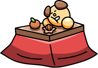 こたつでうたた寝するわんまるのイラスト　犬
