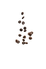 Chocolate rings cereal spill out into a bowl. Breakfast.