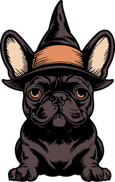 French bulldog in a witch hat, Vintage French bulldog head, halloween French bulldog illustration