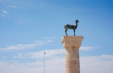 Mandraki port with deers statue, where The Colossus was standing and fort of St. Nicholas. Rhodes,...