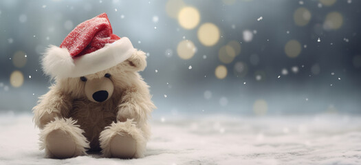Sad Christmas, end of holiday, loneliness, solitude, depression concept. Toy teddy bear with Santa...