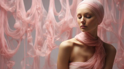 Woman in pink colors portrait symbolizing breast cancer made with AI Generated